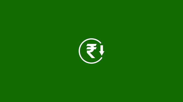 Abstract decrease icon on green background. Rupee rate down looped icon. white reduce costs sign and symbol.