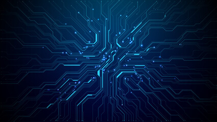 Abstract tech background featuring circuit patterns and blue chip design. Digital board texture with electronic lines for futuristic data concepts. Digital technology vector background. 