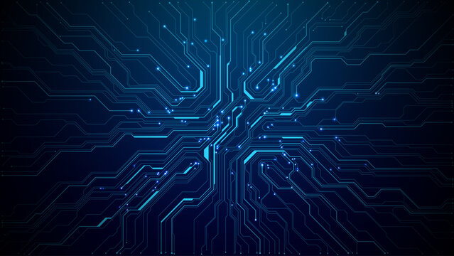Abstract tech background featuring circuit patterns and blue chip design. Digital board texture with electronic lines for futuristic data concepts. Digital technology vector background. 