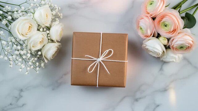 Brown Gift Box with White Bow and Floral Arrangement on Marble Background