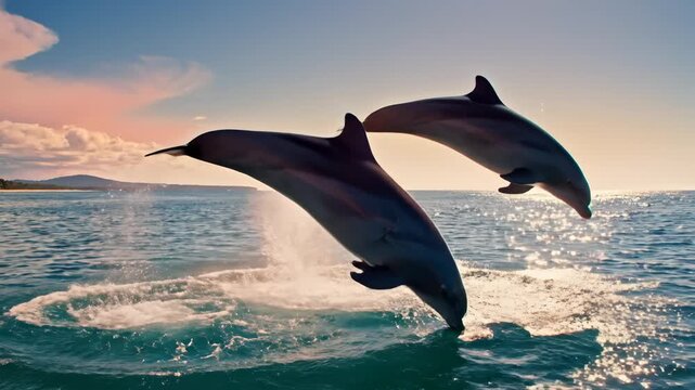 Two Dolphins Leaping From the Ocean at Sunset, Tropical Beach Background