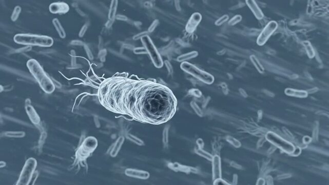 Detailed microscopic view of bacteria cells with flagella, showcasing their intricate structure.