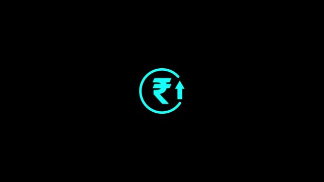 Abstract decrease icon on black background. Rupee rate up looped icon. Cyan reduce costs sign and symbol.