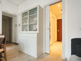 Living room design with white buffet and pencil case door. Scandinavian-style interior. Minimalism and modern renovation. 