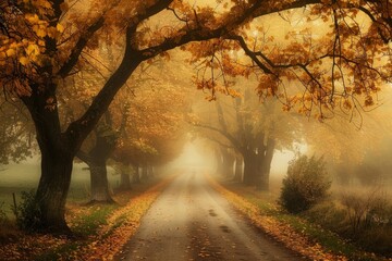 Fototapeta premium Beautiful country road winding through golden trees on a foggy autumn morning