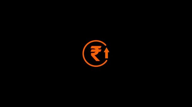 Abstract decrease icon on black background. Rupee rate up looped icon. Orange reduce costs sign and symbol.