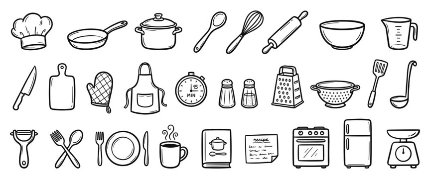 Kitchen icons doodle set including cooking utensils, appliances, and food preparation tools