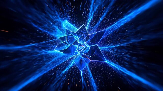 Blue glowing geometric star shape with light rays in black space