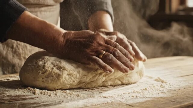 Baker's hands kneading fresh dough with flour in slow motion. Making traditional homemade bread from scratch. Artisanal cooking process