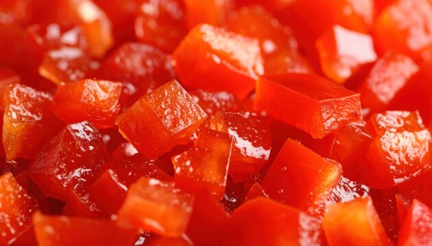 Close Up Macro Shot Of Diced Red Bell Pepper Cubes With Reflective Glaze And Shallow Depth Of Field