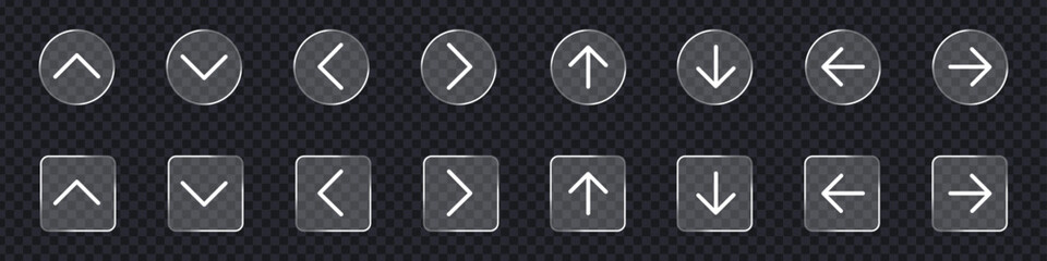 Glass morphism navigation arrow buttons icon set on transparent background for ui design. Cursor arrow up down left right. Next and previous arrow symbol. vector illustration. © MdNurul