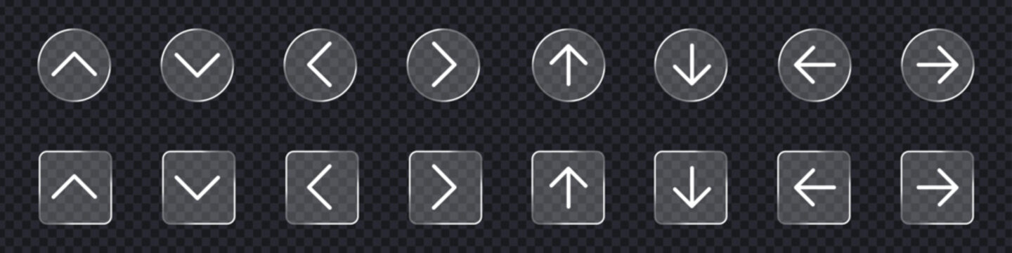 Glass morphism navigation arrow buttons icon set on transparent background for ui design. Cursor arrow up down left right. Next and previous arrow symbol. vector illustration.