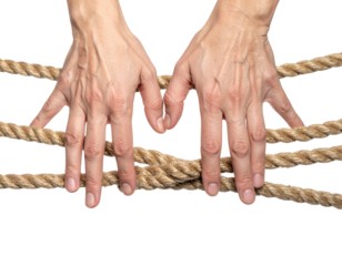 CloseUp of Human Hands Grasping Intertwined Rope with Detailed Texture and Natural Elements