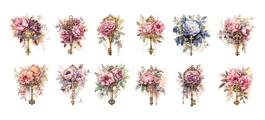 Boho peony gold key watercolor retro flower elements