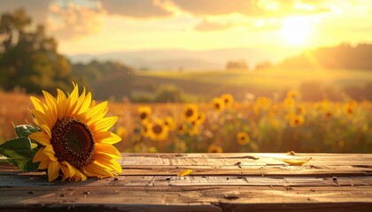 A vibrant sunflower rests on a wooden table, surrounded by a field of sunflowers under a golden sunset, creating a warm and serene atmosphere.