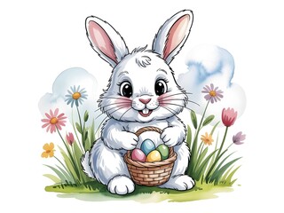 Cute easter bunny holding a basket full of colorful eggs and flowers