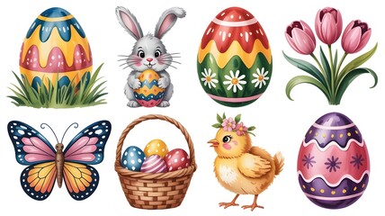 Easter illustration with decorated eggs, bunny, chick, butterfly, and tulips