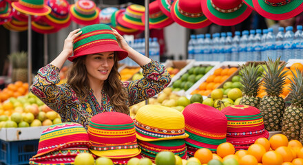 Female Traveler Shopping for Traditional Handmade Hats at Colorful Local Market, Cultural Travel Lifestyle Scene