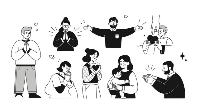 Diverse people set with heart and greeting gestures line art.