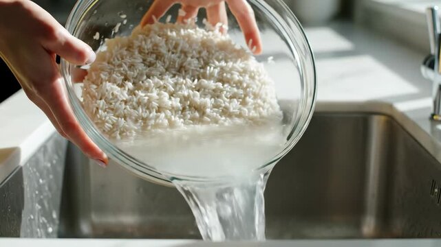 Washing white rice in a glass bowl over a kitchen sink. Hands preparing food for cooking. Healthy meal preparation process