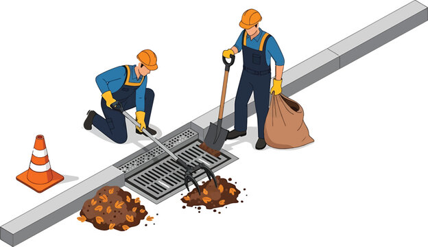 Two workers in hard hats cleaning street gutter with shovel and bag