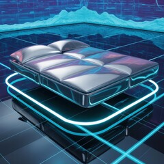 Futuristic silver mattress with blue neon lights on platform