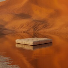 Desert sand dunes with a mattress floating on water