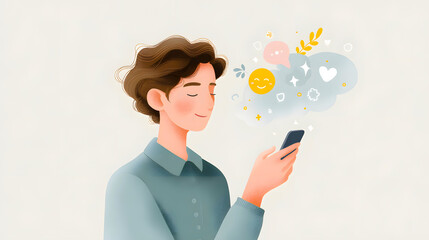 Young man using smartphone with happy social media icons and emojis