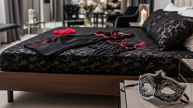 Elegant lingerie and mask arranged on a lace bed