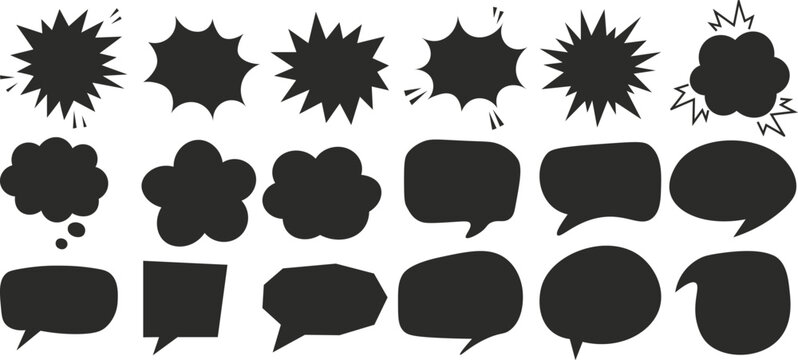 Black vector comic speech bubble and explosion shape collection flat silhouette style