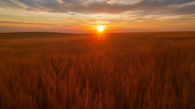 Golden Hour on the Horizon: The sun dips below the horizon, casting a warm, golden glow over a vast field of wheat, creating a stunning landscape.