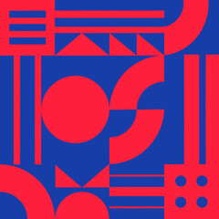Fototapeta premium Geometric shapes in a vibrant abstract composition featuring circles, triangles, and lines in a bold red and blue design