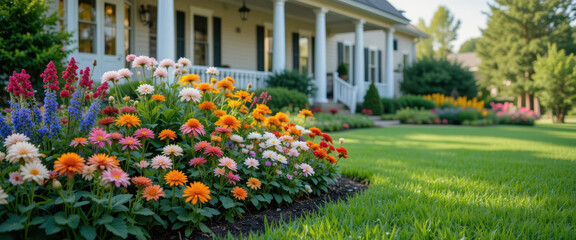 Obraz premium Colorful flower garden in front yard residential home photography sunny day close-up view landscape beauty