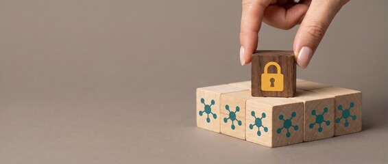 Woman placing lock cube on network blocks, data security and protection concept