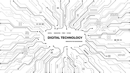 Modern circuit board pattern with central text space. White digital technology background featuring electronic lines and connections for tech designs. Digital vector illustration