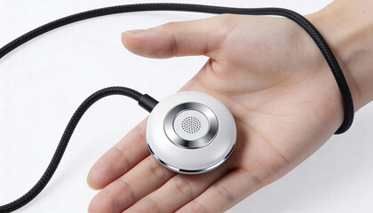 Hand holding round portable ai wearable device with braided cable on white background