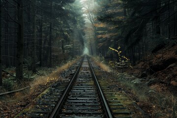 Fototapeta premium Train tracks disappearing into a misty and mysterious forest create a captivating scene of nature reclaiming man made structures