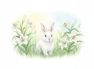 Obraz premium White bunny in grass surrounded by blooming white lilies