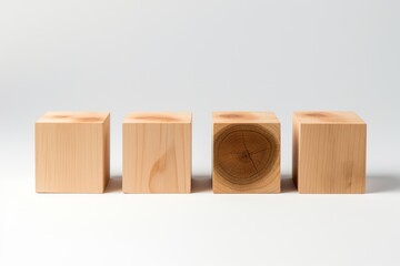 Fototapeta premium Four wooden cubes showcasing varied wood grain and one cross section with tree rings
