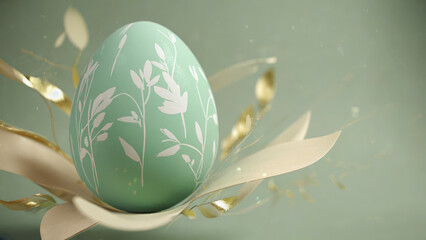A pastel green Easter egg with white floral patterns rotates gently. It is surrounded by floating sparkles over a soft green background. Drifting leaves add movement to the scene