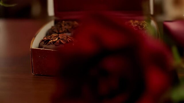 Beautiful romantic setting with a box of chocolates, red roses, and a valentine's day card