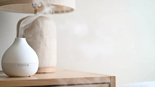 White essential oil diffuser emitting mist on a wooden table. Aromatherapy humidifier next to a lamp in a bedroom setting. Home wellness and relaxation concept with copy space