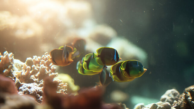 reef. Tropical fish school swimming in coordinated formation through coral reef. wildlife magazines, conservation campaigns, designed for wildlife conservation campaigns, used by account managers.
