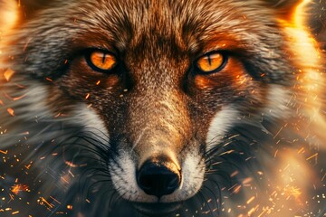 Obraz premium Close up of a red fox surrounded by fire sparks and smoke, creating a dramatic and intense atmosphere