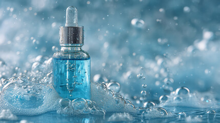A glass bottle of blue liquid with a dropper lid surrounded by water droplets and bubbles