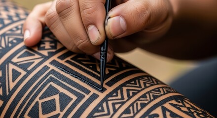 Artist Applying Intricate Traditional Tribal Tattoo