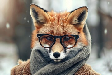 Obraz premium Red fox wearing glasses and a scarf during snowfall, looking intellectual and stylish