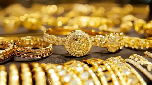 Beautiful gold jewelry, including rings and bracelets, shining brightly in a jewelry store showcase