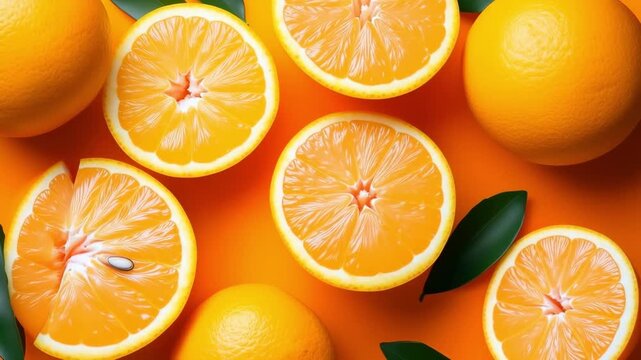 Freshly sliced and whole oranges with green leaves slowly moving on a vibrant orange background