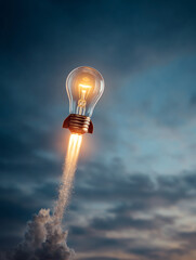 A light bulb blasts off into the sky with a fiery trail and smoke behind it
